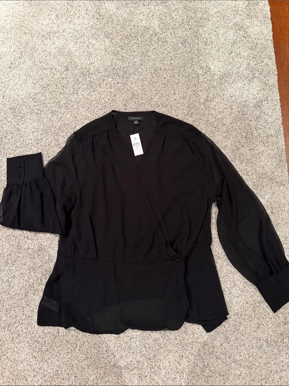 Ann Taylor Black Wrap Blouse with Buttoned Cuffs